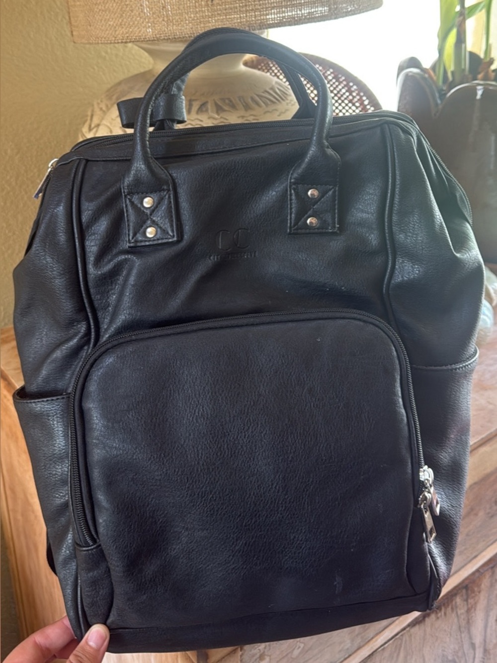 Black Leather Men’s Backpack with Front Zip Pocket - Unknown Brand